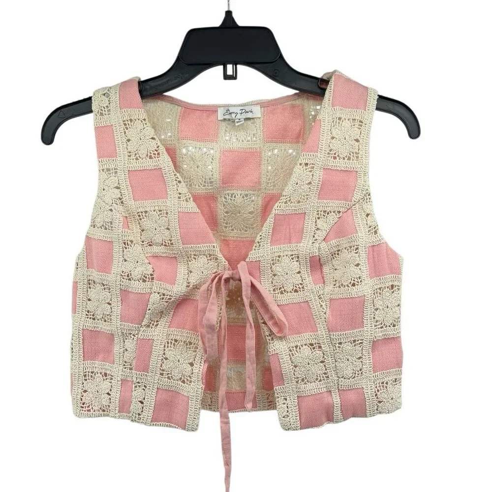 Emory Park Crochet Lace Tie Front Vest Small Pink Boho Festival Cottagecore - Picture 3 of 12